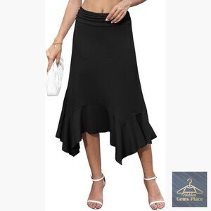 High Waisted Midi Skirt Asymmetrical Handkerchief Hem Flowy Knit Summer